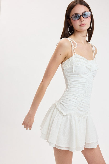 Eyelet Tie Strap Tiered Ruffle Mini Dress
