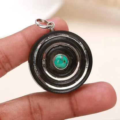 Ebony Wood Silver & Genuine Turquoise Spiral Necklace Pendant #1190