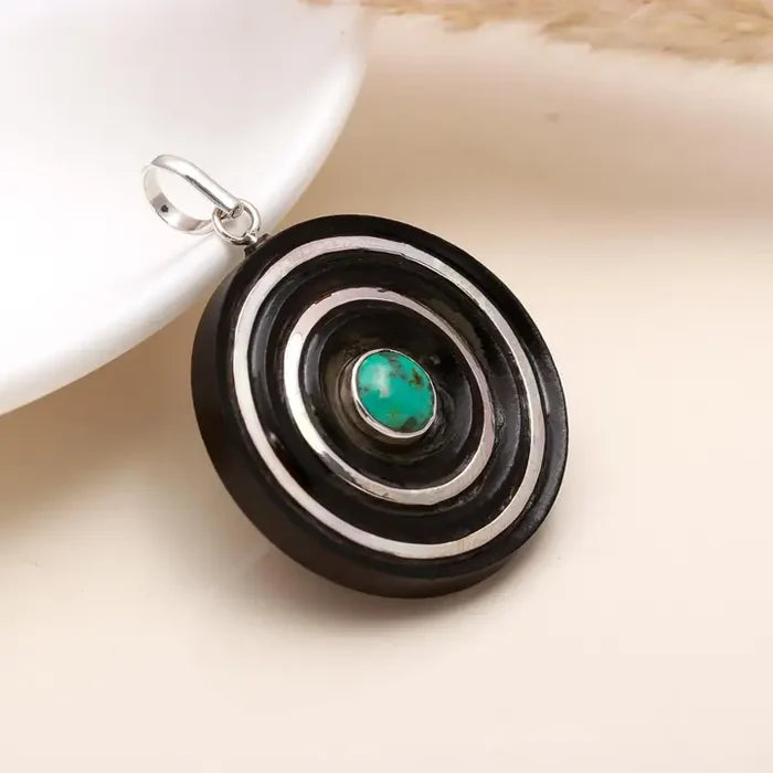 Ebony Wood Silver & Genuine Turquoise Spiral Necklace Pendant #1190