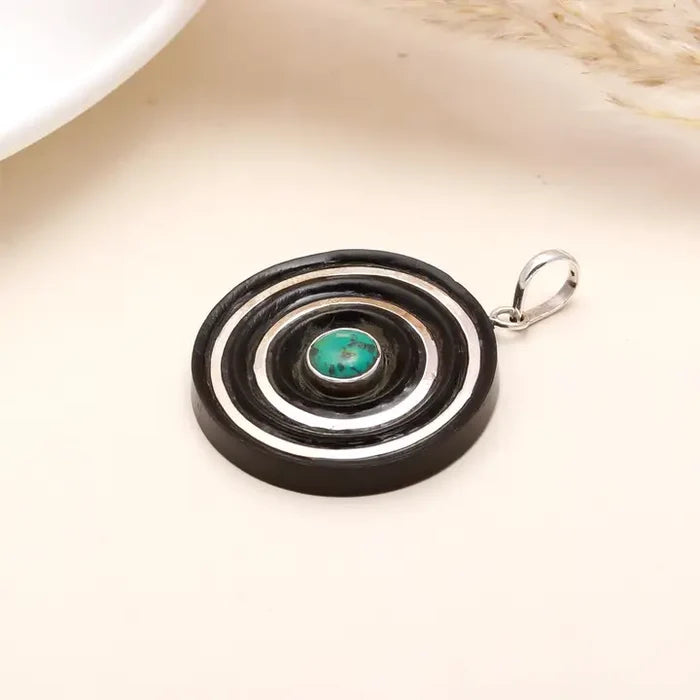 Ebony Wood Silver & Genuine Turquoise Spiral Necklace Pendant #1190