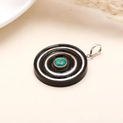 Ebony Wood Silver & Genuine Turquoise Spiral Necklace Pendant #1190