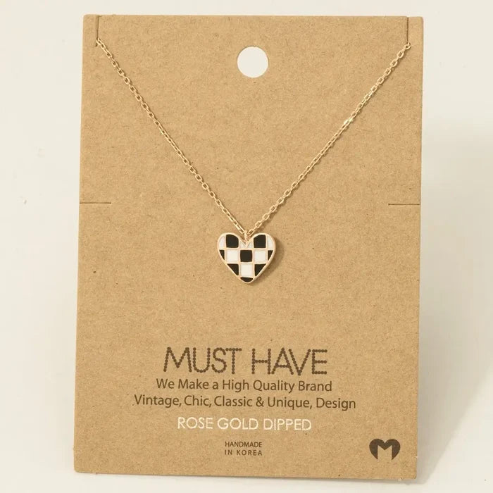 Gold Dipped Epoxy Checkered Heart Pendant Necklace