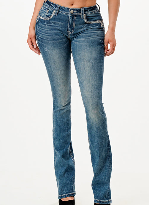 Grace in LA Easy Fit Women's Aztec Feather Rhinestone Pocket Bootcut Jeans EB61811