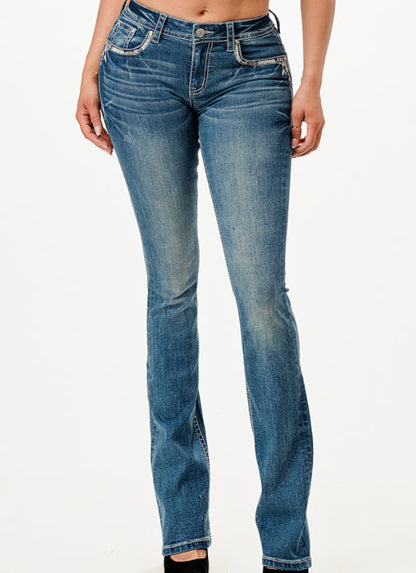 Grace in LA Easy Fit Women's Aztec Feather Rhinestone Pocket Bootcut Jeans EB61811