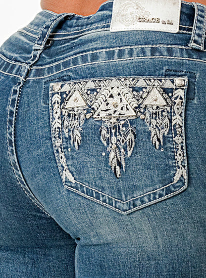 Grace in LA Easy Fit Women's Aztec Feather Rhinestone Pocket Bootcut Jeans EB61811