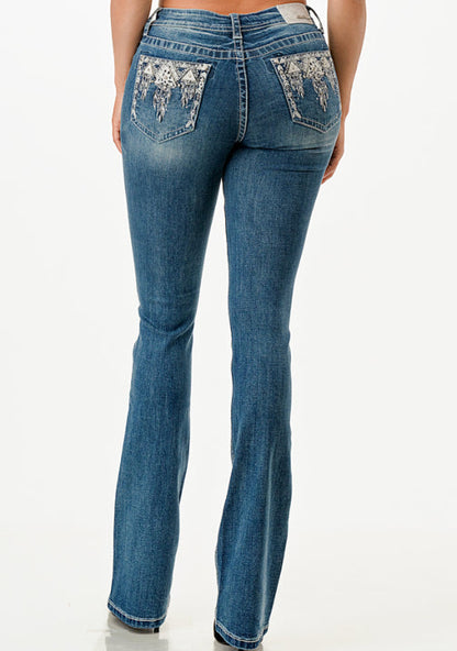 Grace in LA Easy Fit Women's Aztec Feather Rhinestone Pocket Bootcut Jeans EB61811