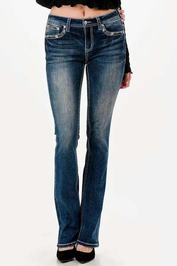 Grace in LA Easy Fit Women's Dream Catcher Hearts Rhinestone Pocket Bootcut Jeans JB81706 EB81706