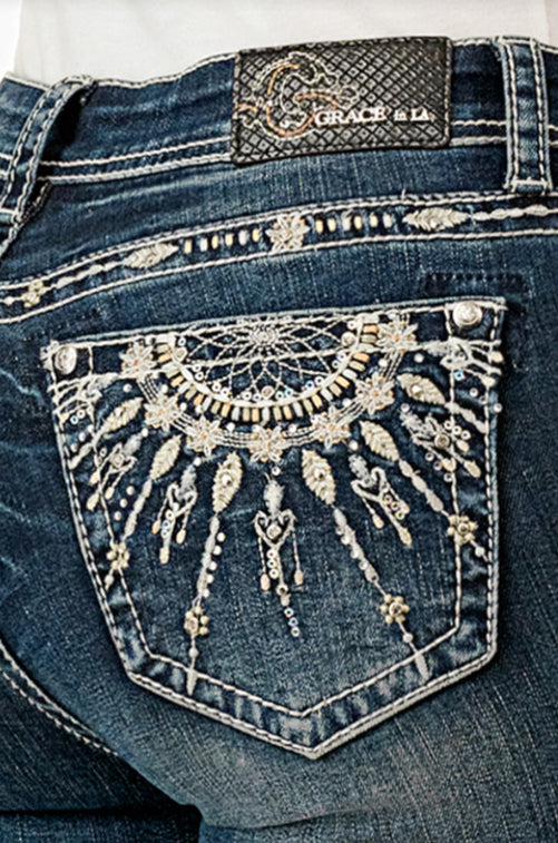 Grace in LA Easy Fit Women's Dream Catcher Hearts Rhinestone Pocket Bootcut Jeans JB81706 EB81706