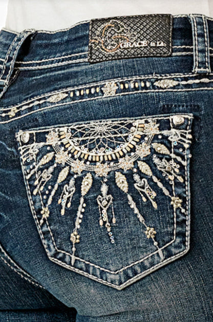 Grace in LA Easy Fit Women's Dream Catcher Hearts Rhinestone Pocket Bootcut Jeans JB81706 EB81706