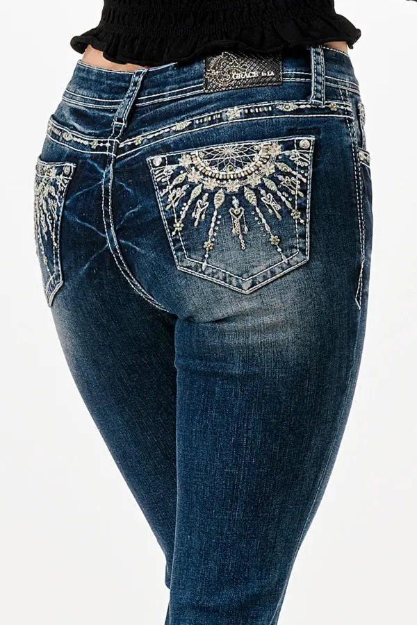 Grace in LA Easy Fit Women's Dream Catcher Hearts Rhinestone Pocket Bootcut Jeans JB81706 EB81706