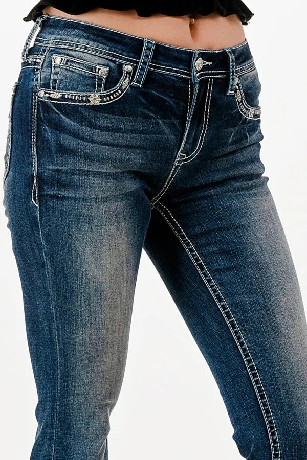 Grace in LA Easy Fit Women's Dream Catcher Hearts Rhinestone Pocket Bootcut Jeans JB81706 EB81706