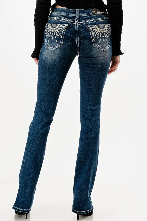 Grace in LA Easy Fit Women's Dream Catcher Hearts Rhinestone Pocket Bootcut Jeans JB81706 EB81706