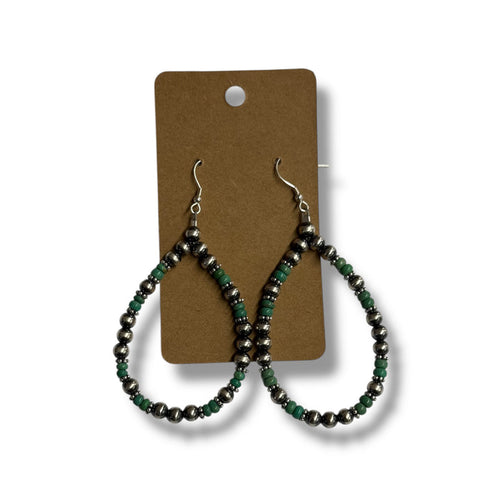 Green Turquoise & Desert Pearl Bead Dangle Loop Earrings NPE021TQB