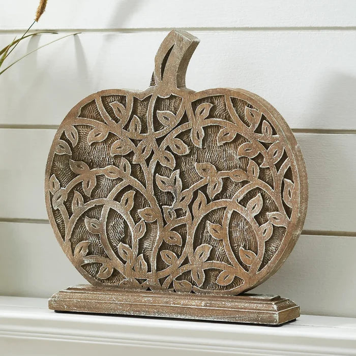 Harvest Vine Carved Wooden Pumpkin Tabletop Sign 11x12
