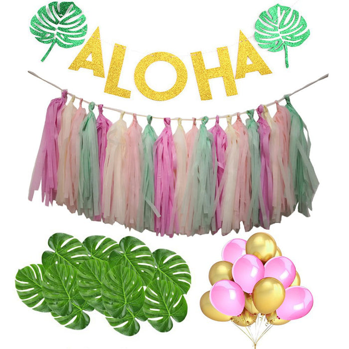 Hawaiian/Tropical Theme 'Aloha' Banner, Tassels, Balloons & Monstera Party Set