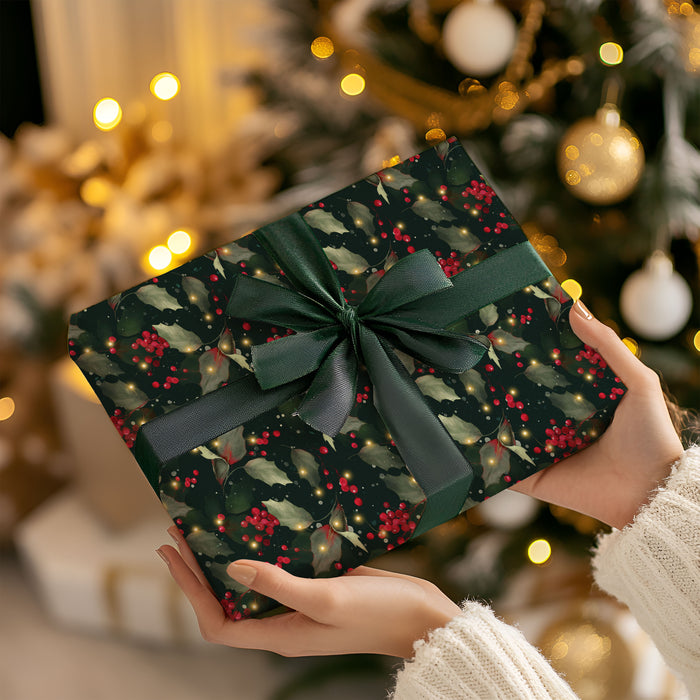 Holly and Lights Dark Christmas Wrapping Paper Sheets (5 sheets)