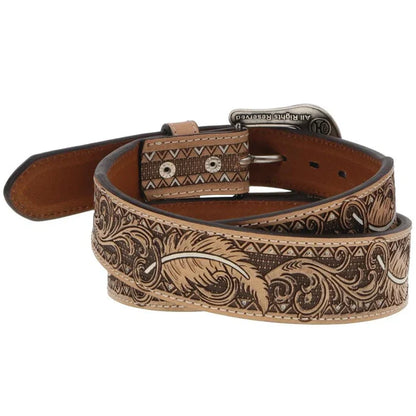 Hooey Kid's War Paint Brown & Natural Feather Filigree Embossed Leather Belt HMBLT006-Y