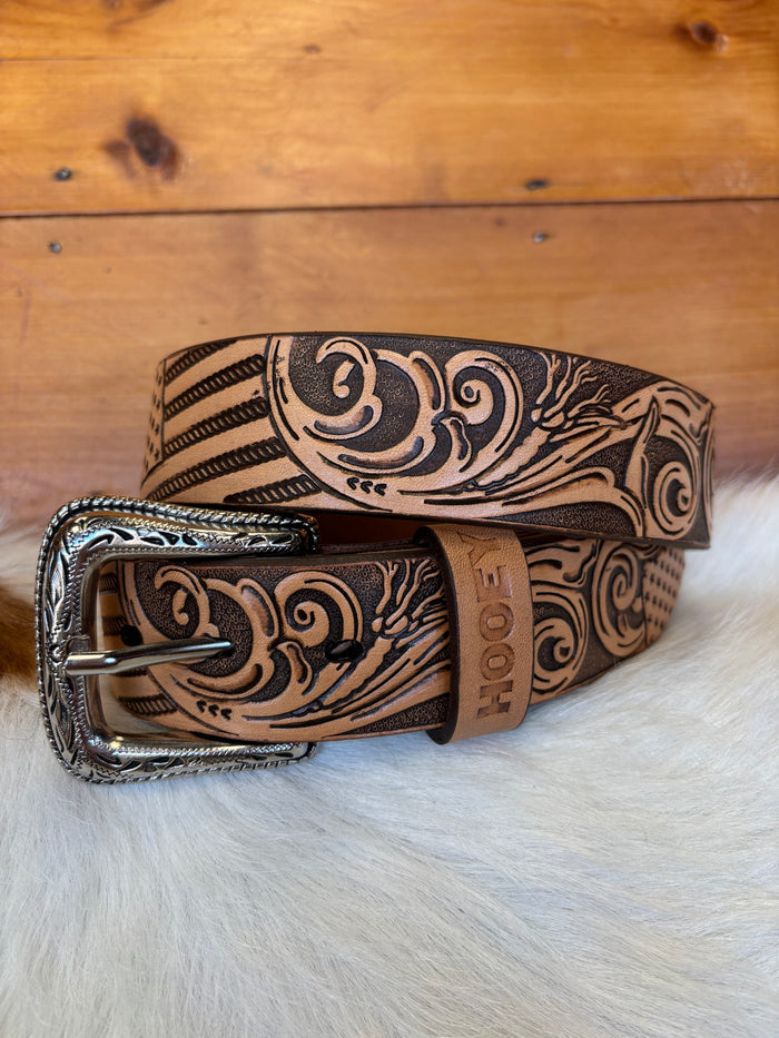 Hooey Liberty Roper Brown Flag Hand Painted Accent Filigree Leather Belt HMBLT072