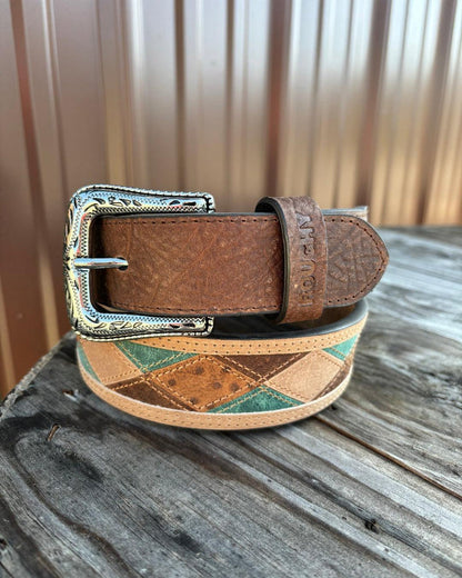 Hooey Ouray Roughy Tan Turquoise Patchwork Tapered Leather Belt RMBLT054-Painted Cowgirl Western Store