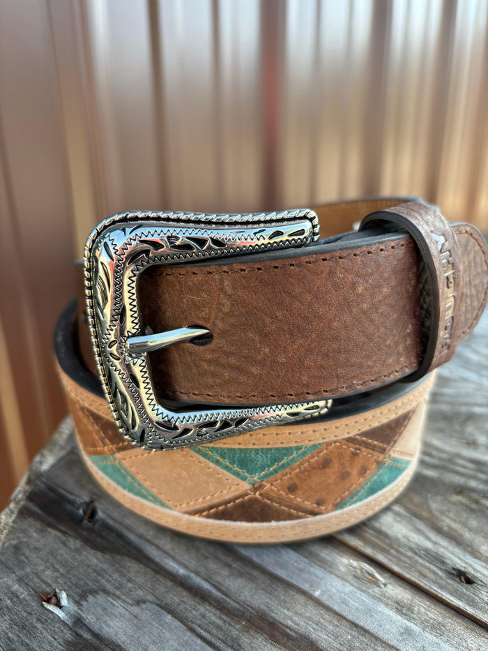 Hooey Ouray Roughy Tan Turquoise Patchwork Tapered Leather Belt RMBLT054-Painted Cowgirl Western Store