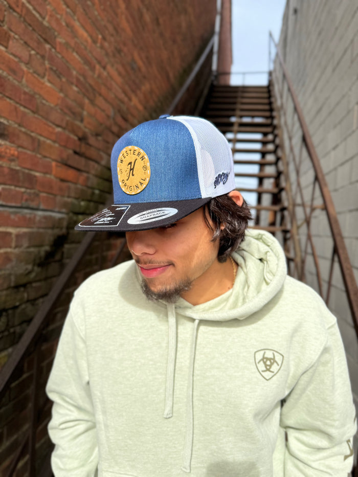 Hooey Spur Denim & White Leather Patch Trucker Snapback Hat 2514T-DEWH-Painted Cowgirl Western Store