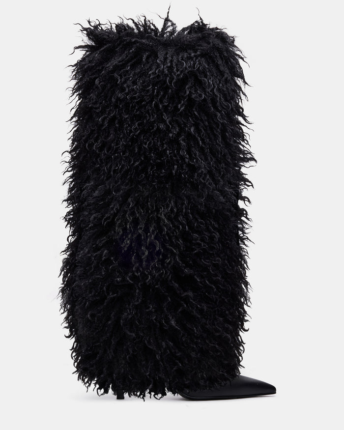 ICON Black Pointed-Toe Faux Fur Knee-High Stiletto Heel Women's Boot | Steve Madden