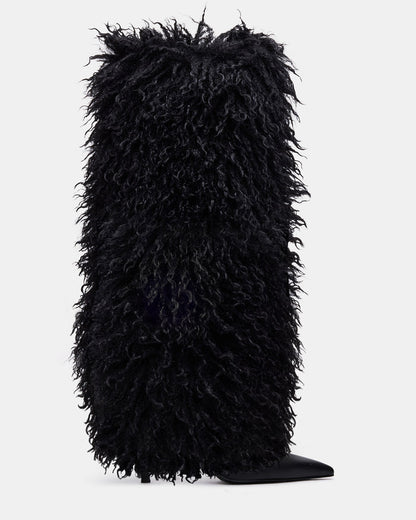 ICON Black Pointed-Toe Faux Fur Knee-High Stiletto Heel Women's Boot | Steve Madden