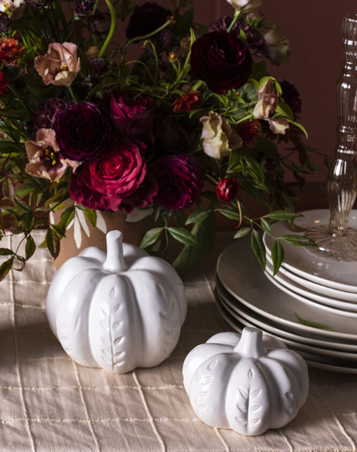 Imprinted Ceramic Pumpkin, Natural White, 2 Sizes