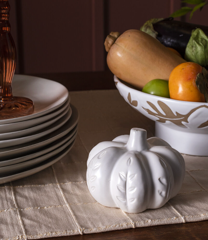 Imprinted Ceramic Pumpkin, Natural White, 2 Sizes