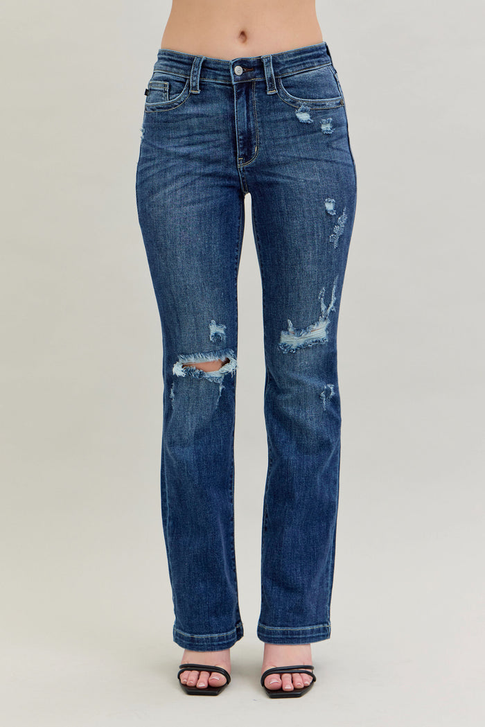Judy Blue Women's Dark Wash Mid-Rise Hand-Sanded & Destroyed Bootcut Jeans 82541