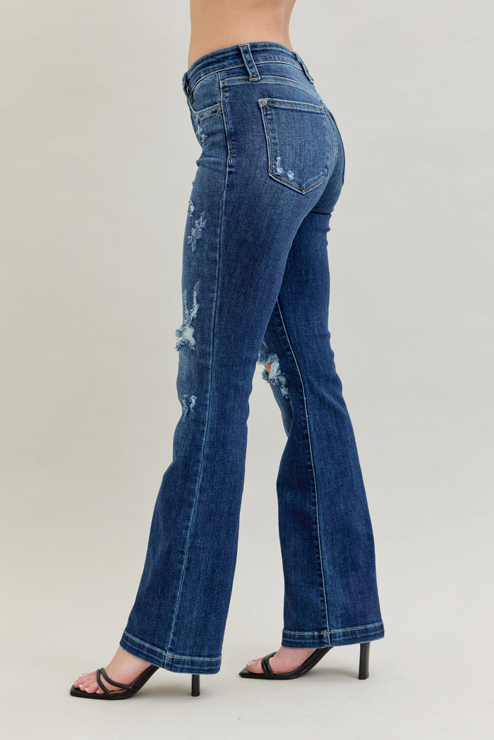 Judy Blue Women's Dark Wash Mid-Rise Hand-Sanded & Destroyed Bootcut Jeans 82541
