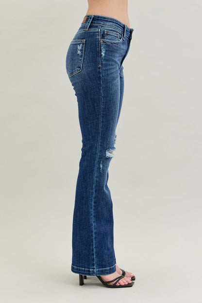 Judy Blue Women's Dark Wash Mid-Rise Hand-Sanded & Destroyed Bootcut Jeans 82541