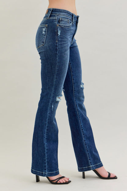 Judy Blue Women's Dark Wash Mid-Rise Hand-Sanded & Destroyed Bootcut Jeans 82541
