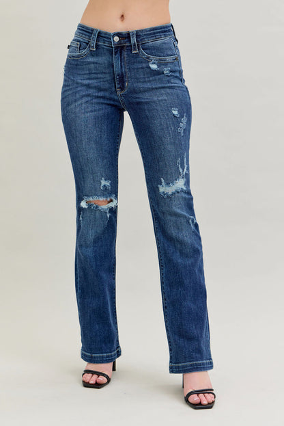 Judy Blue Women's Dark Wash Mid-Rise Hand-Sanded & Destroyed Bootcut Jeans 82541