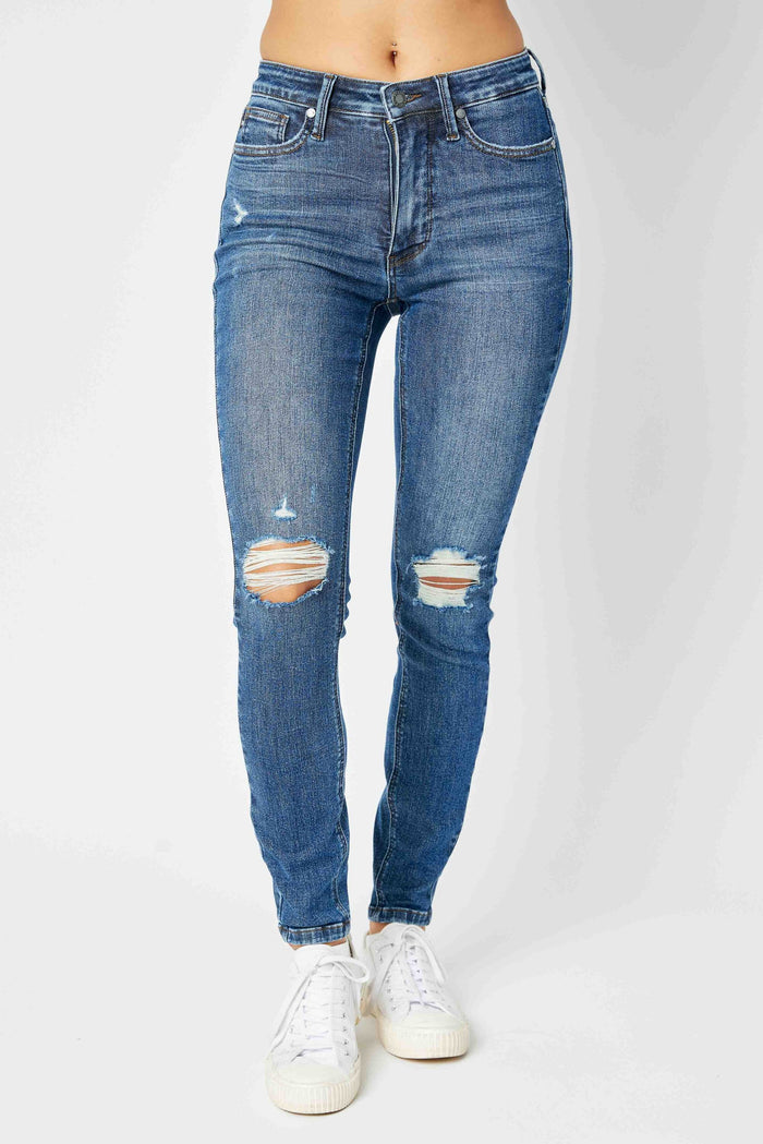 Judy Blue Women's Dark Wash Mid-Rise (Tummy Control) Destroyed Skinny Jeans 88798