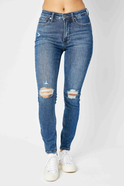 Judy Blue Women's Dark Wash Mid-Rise (Tummy Control) Destroyed Skinny Jeans 88798