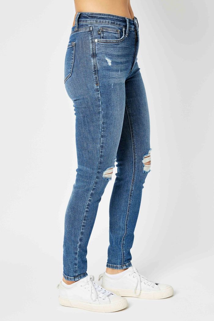 Judy Blue Women's Dark Wash Mid-Rise (Tummy Control) Destroyed Skinny Jeans 88798