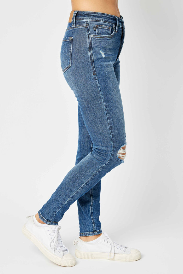 Judy Blue Women's Dark Wash Mid-Rise (Tummy Control) Destroyed Skinny Jeans 88798
