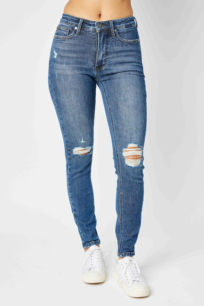 Judy Blue Women's Dark Wash Mid-Rise (Tummy Control) Destroyed Skinny Jeans 88798