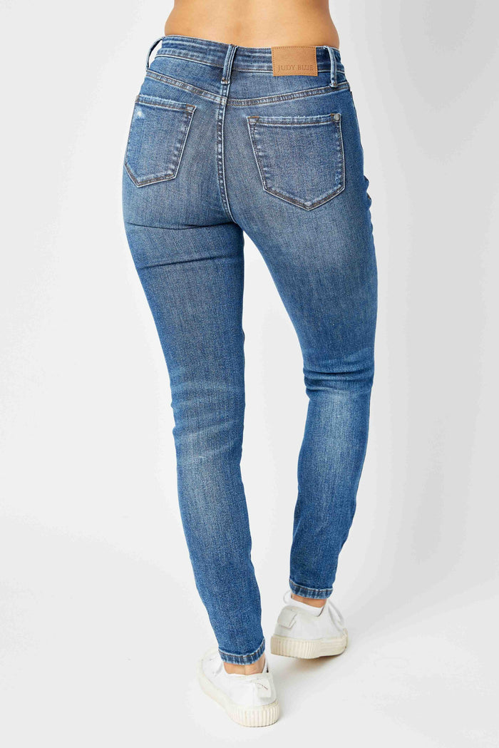 Judy Blue Women's Dark Wash Mid-Rise (Tummy Control) Destroyed Skinny Jeans 88798