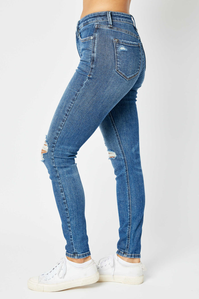 Judy Blue Women's Dark Wash Mid-Rise (Tummy Control) Destroyed Skinny Jeans 88798