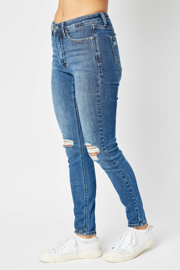 Judy Blue Women's Dark Wash Mid-Rise (Tummy Control) Destroyed Skinny Jeans 88798