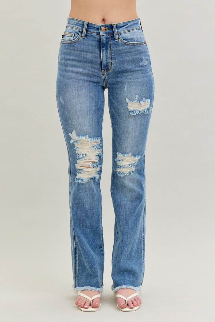 Judy Blue Women's Medium Wash High-Rise Destroyed Frayed Hem Bootcut Jeans 82542