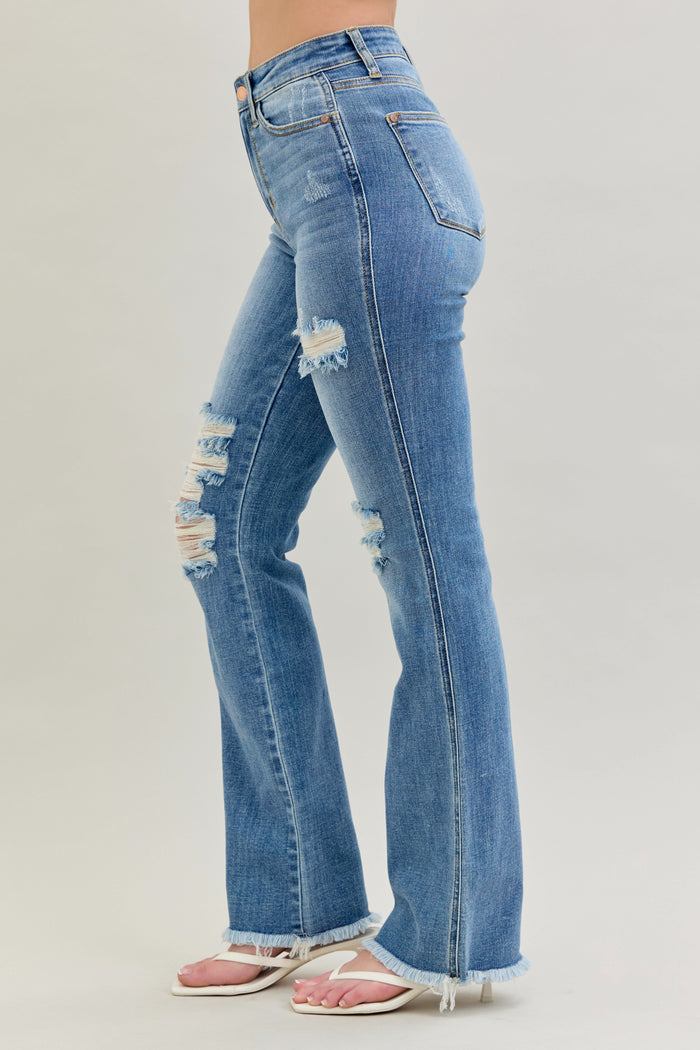 Judy Blue Women's Medium Wash High-Rise Destroyed Frayed Hem Bootcut Jeans 82542