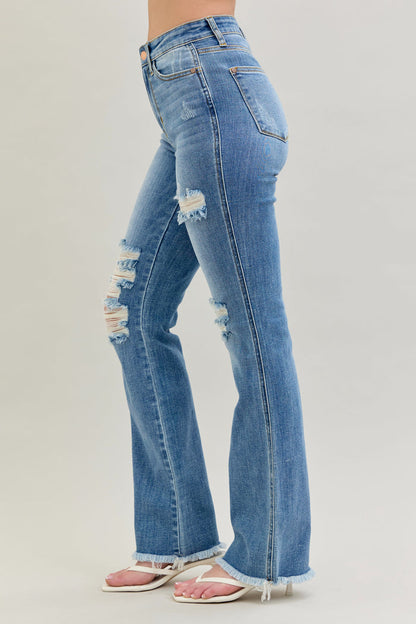 Judy Blue Women's Medium Wash High-Rise Destroyed Frayed Hem Bootcut Jeans 82542