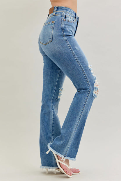 Judy Blue Women's Medium Wash High-Rise Destroyed Frayed Hem Bootcut Jeans 82542
