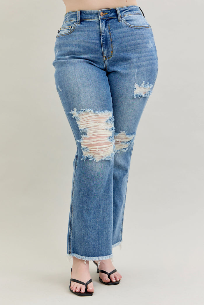 Judy Blue Women's Medium Wash High-Rise Destroyed Frayed Hem Bootcut Jeans 82542
