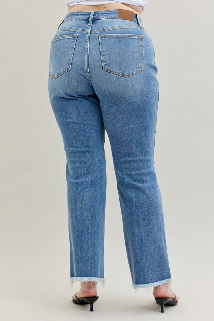 Judy Blue Women's Medium Wash High-Rise Destroyed Frayed Hem Bootcut Jeans 82542