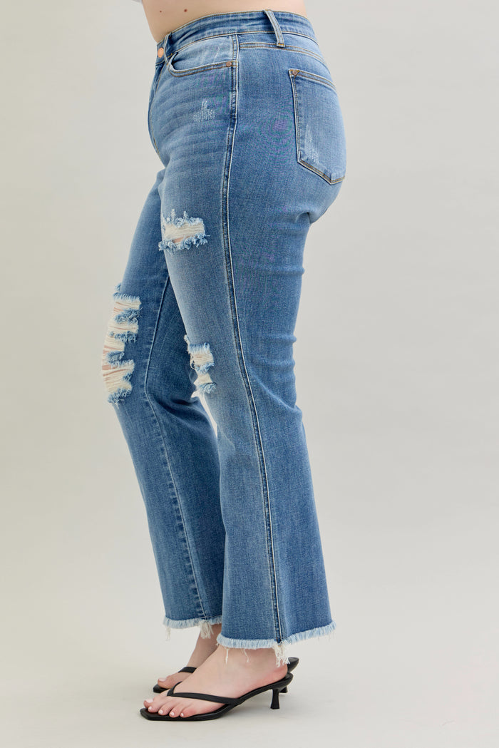 Judy Blue Women's Medium Wash High-Rise Destroyed Frayed Hem Bootcut Jeans 82542