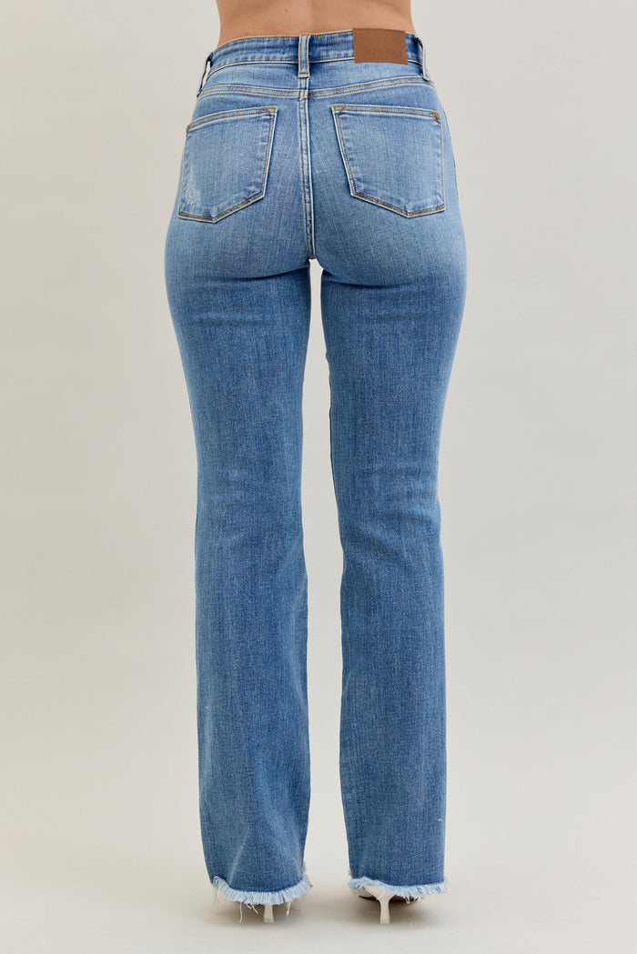 Judy Blue Women's Medium Wash High-Rise Destroyed Frayed Hem Bootcut Jeans 82542